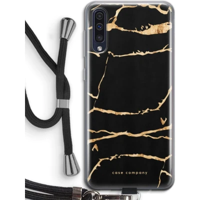 Afbeelding van Case Company® hoesje met Koord geschikt voor Samsung Galaxy A50 Gouden marmer Telefoonhoesje Zwart Bescherming aan alle Kanten en Over de Schermrand