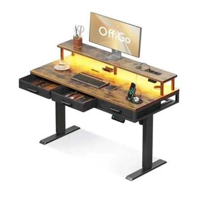 Afbeelding van OffiGo Elektrisch staand bureau met 3 laden, in hoogte verstelbaar en monitorstandaard, ergonomische tafel ledlampen, 120 x 54 78,5 cm, rustiek bruin