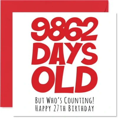 Afbeelding van Stuff4 Verjaardagskaart 27 jaar voor mannen en vrouwen 9862 Days Old humoristische kaart volwassenen zevenentwintig zevende verjaardag broer, zus, zoon, dochter, neef, 145 mm x