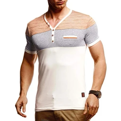 Afbeelding van Leif Nelson Zomer T shirt voor heren, V hals, korte mouwen, casual, Beige