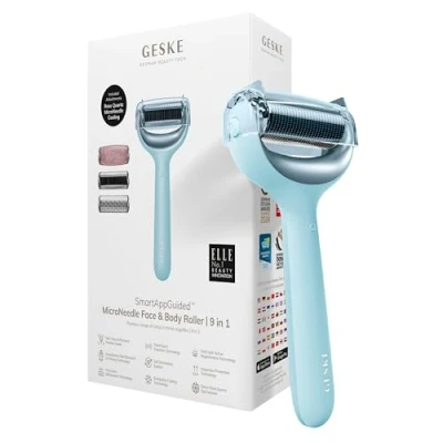 Afbeelding van GESKE SmartAppGuided™ MicroNeedle Face &amp; Body Roller 9 in 1 rozenkwarts Elektrische dermaroller Microneedling apparaat Schoonheidsroller voor gezicht en lichaam