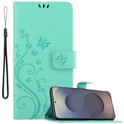 Afbeelding van Cadorabo Hoesje geschikt voor Samsung Galaxy S25 Ultra in BLOEMEN TURKOOIS Beschermhoes bloemmotief met magnetische sluiting, standfunctie en kaartsleuven Book Case Cover Etui