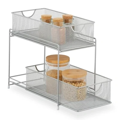 Afbeelding van Relaxdays Keuken, 2 uittrekbare manden, metalen plank, 32 x 19 35,5 cm (h b d), zilverkleurig, 35