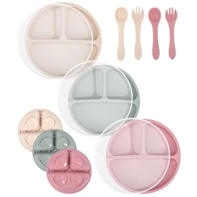 Afbeelding van SinLaw Set van 3 siliconen babyborden met zuignap en deksel, antislip, servies voor baby&#039;s kinderen, BPA vrij, vaatwasmachinebestendig