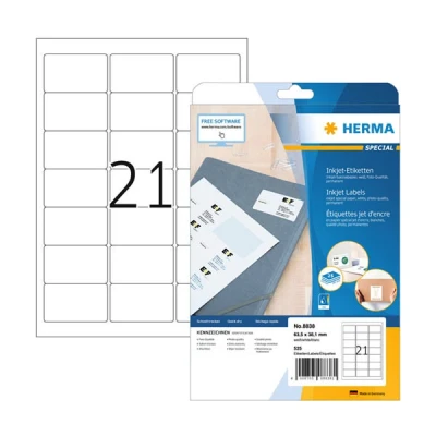 Image de Herma 8838 étiquettes jet d&#039;encre A4 63,5 x 38,1 mm (525 étiquettes) blanc