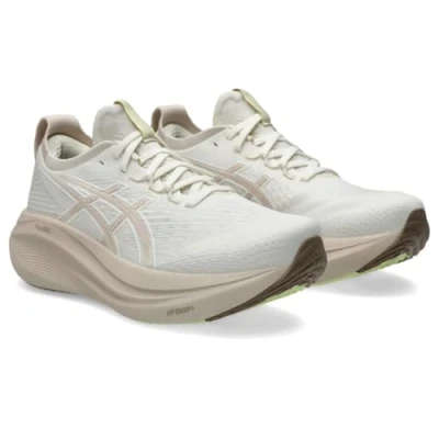 Afbeelding van Asics Gelnimbus 27 Hardloopschoenen voor op de weg, Dames, Maat: 44, Cream/mineral beige Textiel/ synthetisch