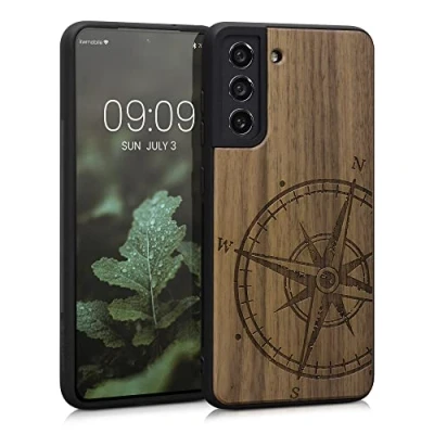 Afbeelding van kwmobile telefoonhoesje geschikt voorSamsung Galaxy S21 FE Hoesje met bumper walnoothout In donkerbruin Vintage Kompas design