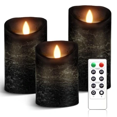 Afbeelding van AnnSpa 3 stuks led kaarsen, zonder vlam, werkt op batterijen, met afstandsbediening, echte was, flikkerend licht, ambergeel, ongeparfumeerde was voor cadeau en decoratie (zwart