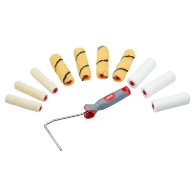 Afbeelding van ProDec 11 artikelen, waaronder 10 mini microvezelrollen en frame, voor gladde afwerking met emulsie, glans/zijdeglans, lak, beits, binnenwand, plafond, hout, metaal
