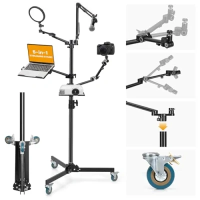 Afbeelding van TARION Live streamingstandaard met wielen; 5 in 1 uitrustingsset van 155 cm: microfoonstang + 3 scharnierarmen projectorhouder, verstelbaar en robuust, TitanRig montage