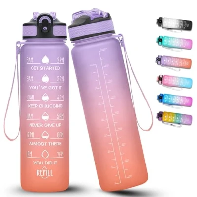 Afbeelding van Sportfles, 600 ml, BPA vrij, lekvrij, met tijdmarkering voor fitness, paars, lichtoranje, 1000 ml