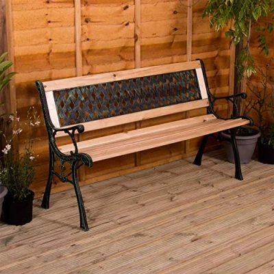 Afbeelding van Home Discount Garden Vida 3 zits tuinbank in kruisvorm met houten latten en gietijzeren poten