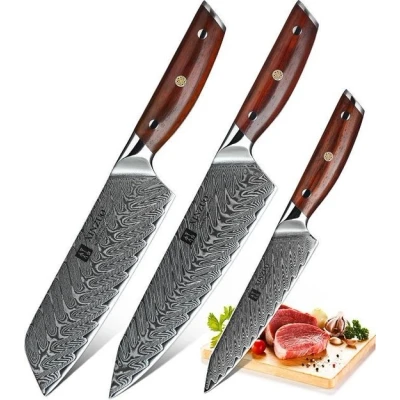 Afbeelding van Luxe en Professionele 3 delige Keukenmessen set van Damascus Staal (67 lagen, VG10) Rozenhouten handgrepen Xinzuo B27 Yi Koksmes + Santokumes Groentemes