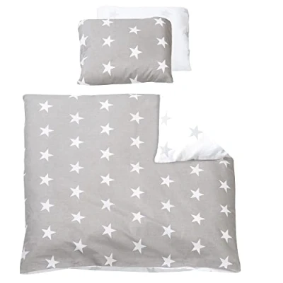 Afbeelding van roba Little Stars Omkeerbaar Babybeddengoed, 2 delig, 100% katoen, dekbedovertrek 80 x cm + kussensloop 40 35 cm, sterrenprint, grijs/wit