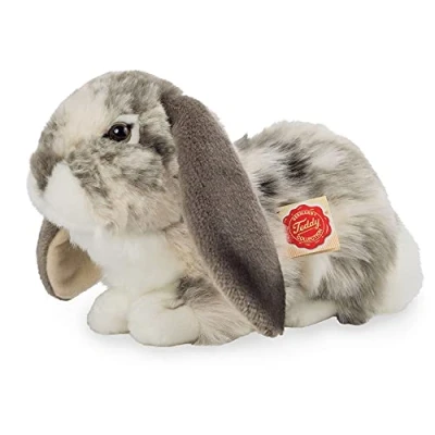 Afbeelding van Teddy Hermann 93797 Pluche dier in de vorm van een konijn, Ram, liggend met gerecyclede vulling, grijs/wit, 30 cm