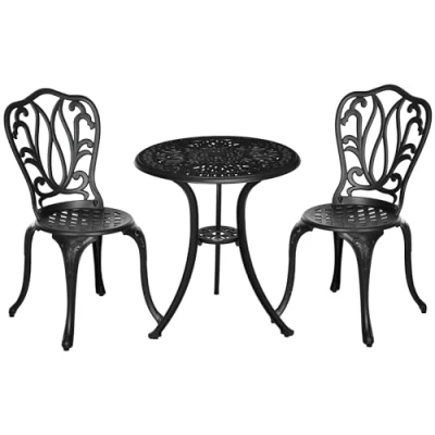 Afbeelding van Outsunny Tuinmeubelset, 2 zits, stoelen + ronde tafel, retrostijl, van gegoten aluminium, zwart