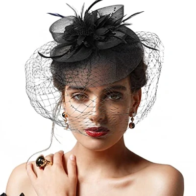 Afbeelding van DRESHOW Fascinator Hoed veer bruiloft dames dag hoofdband en clip cocktail thee party voor meisjes vrouwen, Pillbox Navy