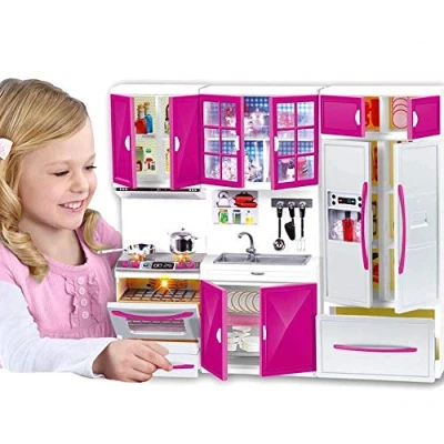 Afbeelding van Keuken voor poppen, speelgoed, meubels, huis, poppen kinderen, realistische lichten en geluiden, met functionele bakplaat, oven, gootsteen, meubels koelkastdeuren vele accessoires, set 40