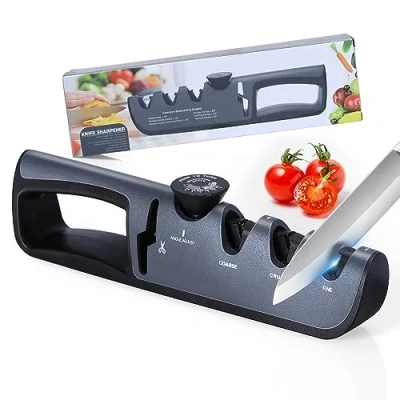 Afbeelding van Alyvisun Keukenmessenslijper, professionele handmatige 4 in 1 messenslijper, ergonomische handgreep en antislip onderkant, voor het slijpen van keukenmessen, schaar enz. (zwart)