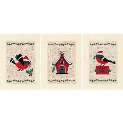 Afbeelding van Kerstvogeltje en huisje kerstkaartejn Aida telpakket Vervaco
