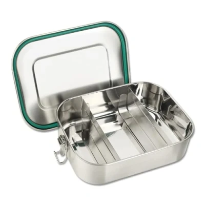 Afbeelding van Broodtrommel van roestvrij staal selecteerbaar 800, 1200, 1400 of 2200 ml lunchbox met vakken incl. 2 scheidingswanden, metalen doos kliksluiting, afmetingen: