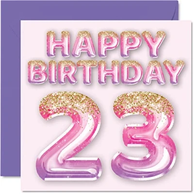 Afbeelding van Stuff4 Verjaardagskaart voor vrouwen, 23 jaar, roze en paarse glitterballonnen, verjaardagskaarten meisjes, zus, tante, neef, 145 mm x