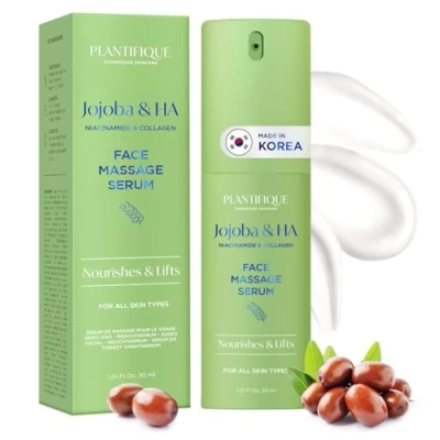 Afbeelding van PLANTIFIQUE Gezichtsserum met jojoba massage biologische olie, hyaluronzuur, niacinamide en collageen: vochtinbrengende anti rimpel, vlek serum voor ogen gezicht olie