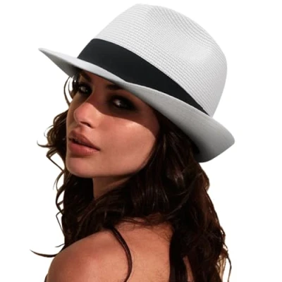 Afbeelding van DRESHOW Strohoed voor dames en heren, panamahoed, zomerhoed, brede rand, zonnehoed, uv bescherming, strand, reizen, Short Brim: wit