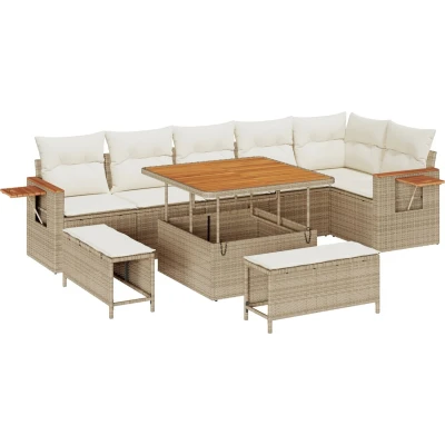 Afbeelding van vidaXL 9 delige Tuin Sofa Set met Kussens Beige Poly Rattan Acacia, 3 Eetset Acacia