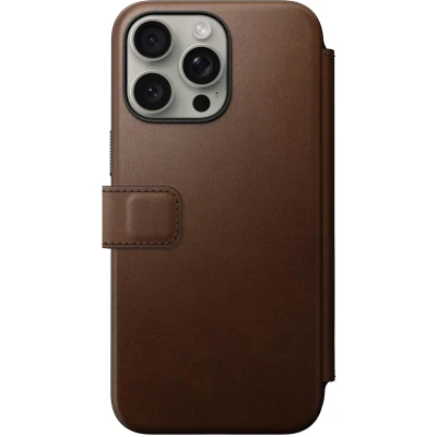 Afbeelding van Nomad Modern Leather Folio Book cover hoesje voor iPhone 15 Pro Max leder Geschikt MagSafe en draadloos opladen Bruin