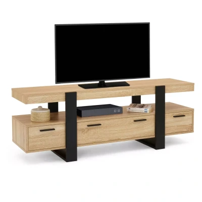 Afbeelding van Meuble TV PHOENIX bois et noir avec tiroirs 140 cm