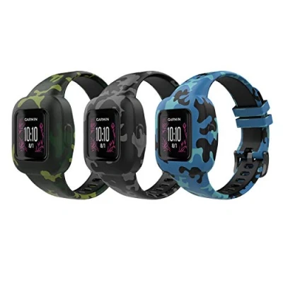 Afbeelding van MoKo Set van 3 armbanden compatibel met Garmin Vivofit jr. fitnesstracker voor kinderen, verstelbare reservearmband zachte siliconen, camouflage blauw, grijs en camouflagegroen