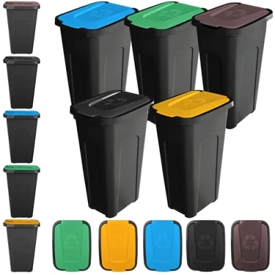 Afbeelding van KADAX Afvalscheidingsset, 5 stuks, 30 liter, voor afvalscheidingssysteem, kunststof afvalemmer met klapdeksel (5, alle dekselkleuren)