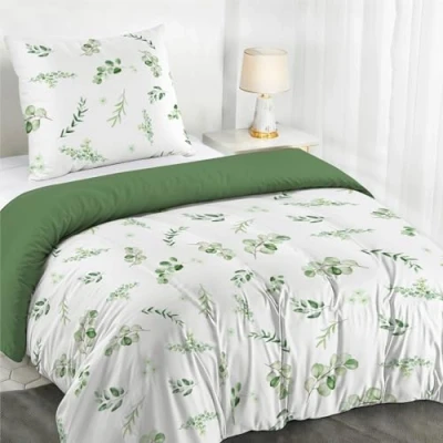 Afbeelding van Dreamzie Dekbedovertrek 135 x 200 cm met 1 kussensloop 80 cm, botanisch motief, saliegroen, beddengoed bladpatroon, voor eenpersoonsbed ritssluiting, Oeko TEX