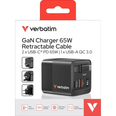 Afbeelding van Verbatim GaN Wandlader 65W 2 Poorten EU/VK/VS Adapter