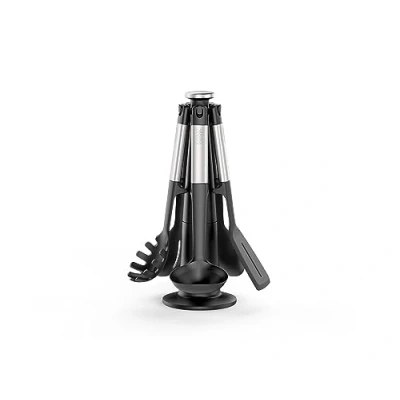 Image de Joseph Elevate Ensemble d&#039;ustensiles de Cuisine 5 pièces Antiadhésive Résistantes à la Chaleur, et Cuillères en Silicone Poignées Lestées Acier Inox avec Support Rangement Rotatif