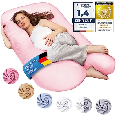 Afbeelding van Zwangerschapskussen, zijslaper kussen, positionering baby kussen &amp; borstvoeding in U vorm met afneembare en wasbare hoes gemaakt van katoen; machine wasbaar (Classic XXL, 150 x 80 cm, Pink)