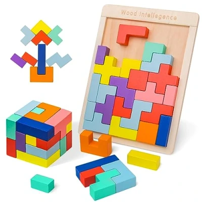 Afbeelding van VORHOT Tetris 3D puzzel, hout, met 30 kleurrijke bouwstenen, Montessori speelgoed, hersenspeelgoed vanaf 3, 4, 5 jaar, educatief cadeau voor jongens en meisjes