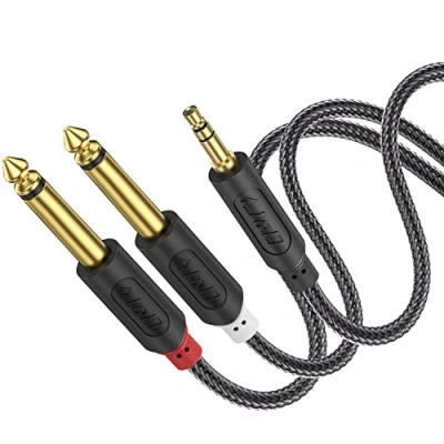 Afbeelding van J&amp;D 3,5 mm naar 2 x 6,35 mm, Verguld Audiowave Serie 1/8 inch TRS Mannelijk 2x 1/4 TS Monokabelsplitter met behuizing PVC Omhulsel en Nylon Vlecht, 0,9 m