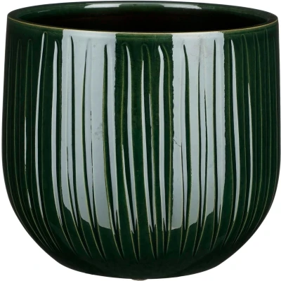 Afbeelding van Mica Decorations Plantenpot donkergroen glans ribbel 25x20cm