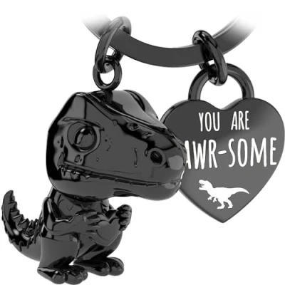 Afbeelding van LANOLU Mini Rex dinosaurus sleutelhanger geluksbrenger partner en beste vriend cadeau voor koppels, metaal, zwart.