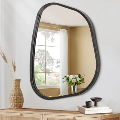 Afbeelding van HLFMVWE Wandspiegel met onregelmatig houten frame, ovaal, asymmetrisch, uniek om op te hangen, Boheemse golvende kunstspiegel, decoratie voor badkamer, slaapkamer, woonkamer, hal, hal