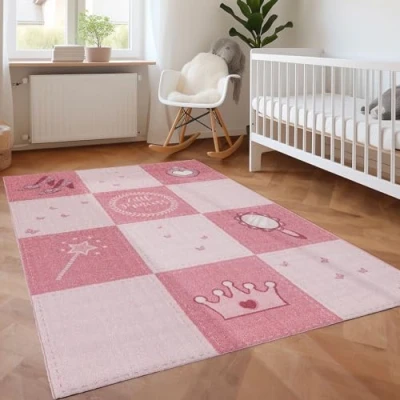 Afbeelding van kindertapijt, prinsessendesign, roze tapijt, 140 x 200 cm, kinderkamer tapijt