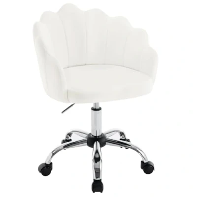 Afbeelding van WOLTU Homeoffice BS152cm Ergonomische fluwelen bureaustoel met rugleuning in bloembladvorm, draaistoel wieltjes, hoogte verstelbare stoel, metalen frame, crèmewit