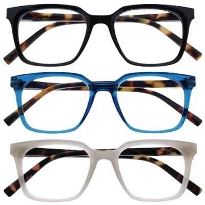 Image de OPULIZE KOI Lunettes de Lecture 3 Pack Grand Cadre Rectangulaire Noir Bleu Gris Homme Femme Charnières à Ressort RRR50 137 +1.00