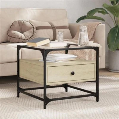 Afbeelding van Salontafel met glazen blad 50x50x45 cm sonoma eiken staal