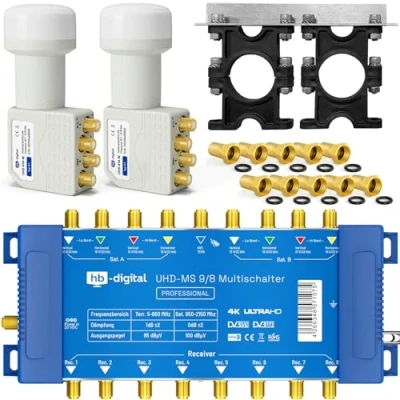 Afbeelding van HB DIGITAL Set: Multiswitch 9/8 9X SAT tot 8x receiver + 2x Quattro LNB voor Full HDTV 3D 4K UHD met voeding 30x F aansluitingen verguld