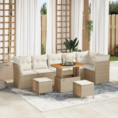 Afbeelding van vidaXL 9 delige tuinbankset met kussens Beige Poly Rattan Acacia