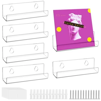 Afbeelding van QWORK® Set van 6 wandhouders voor transparante vinylplaten acryl met installatiemateriaal (10 cm)