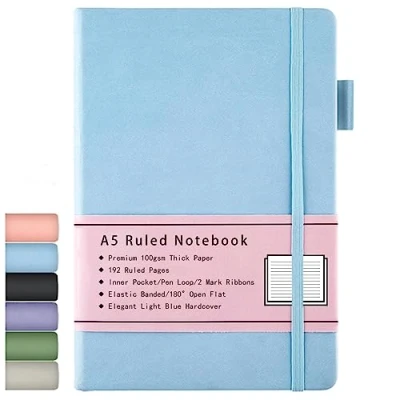 Afbeelding van Notitieboek, A5, gelinieerd, hardcover, 100 g/m² dik papier, binnenvak, elastiek, kunstleren omslag, 192 pagina&#039;s, 14,5 x 21,3 cm (blauw)